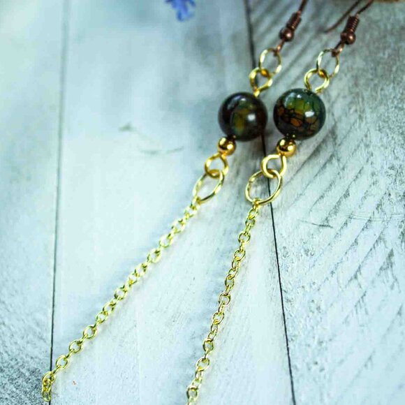 Emerald Green Agate Bead Dangle Earrings with Gold Chain - Picture 7 of 12